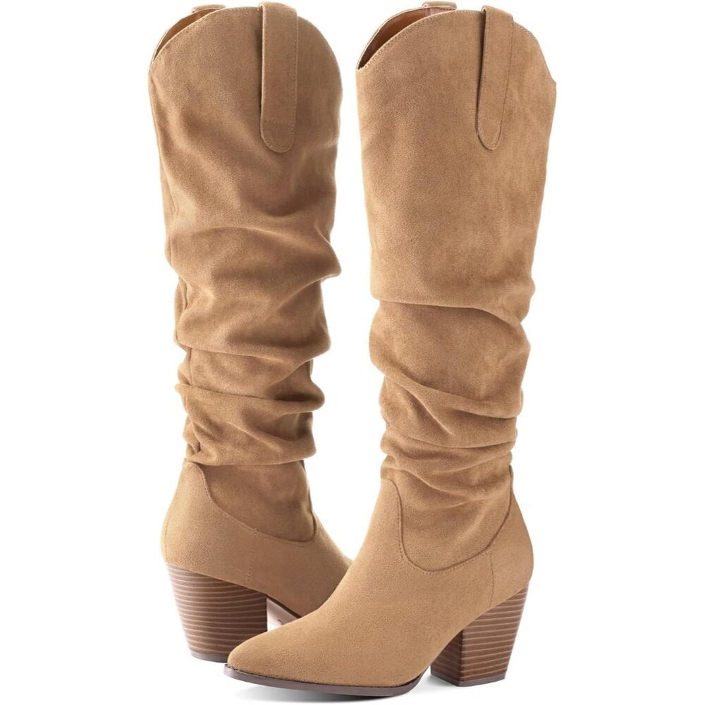 Women's Tan mysoft Cowboy Knee-High Boots Pointed Toe Mid Heel Pull On Slouchy - Picture 2 of 6